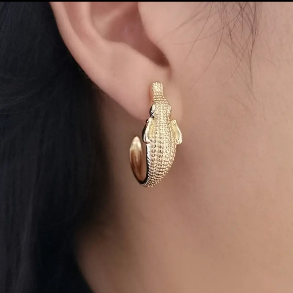 SILVER 14K Gold Hoop Crocodile Earrings - Picture 4 of 4